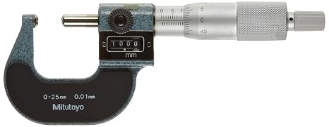 Mitutoyo 295-215 Spherical Face Micrometer, Ratchet Stop, Spherical Anvil, 0.01mm Resolution, 0-25mm Range, 220g Mass