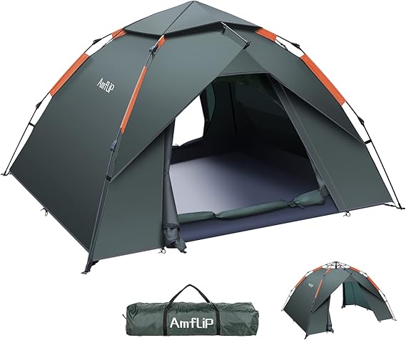 Amflip Camping Tent Automatic 3 Man Person Instant Tent Pop Up Ultralight Dome Tent 4 Seasons Waterproof & Windproof Camping Tent with Removable Outer Tarpaulin, Double Layers | Automatic