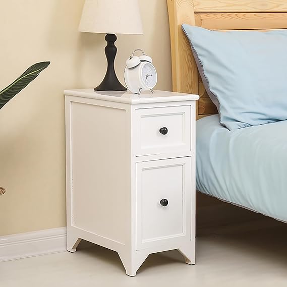 Nightstand with 2 Drawers, Narrow Bedside End Table, Small (White-2, 25cm/10in)