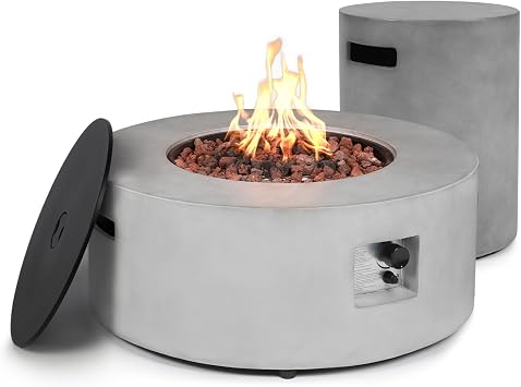 36inch Round Concrete Fire Pit Table with Propane Tank Cover 50,000 BTU Outdoor Fire Table Modern Firepit Natural Gas Firepits with Steel Lid, Rain Cover for Backyard, Deck
