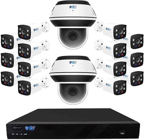 GW Security 16 Channel NVR 4K PoE Smart AI Security Camera System with 22 x 8MP Wide Angle Bullet Camera and 2 x 8MP 5X Motorized Zoom 2-Way Audio PTZ Camera, Outdoor Indoor Video & Audio Surveillance