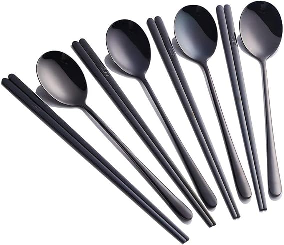 Buyer Star 4 Set Spoon Chopsticks, Black Reusable Metal Stainless Steel Korean Chopstix Spoon Set