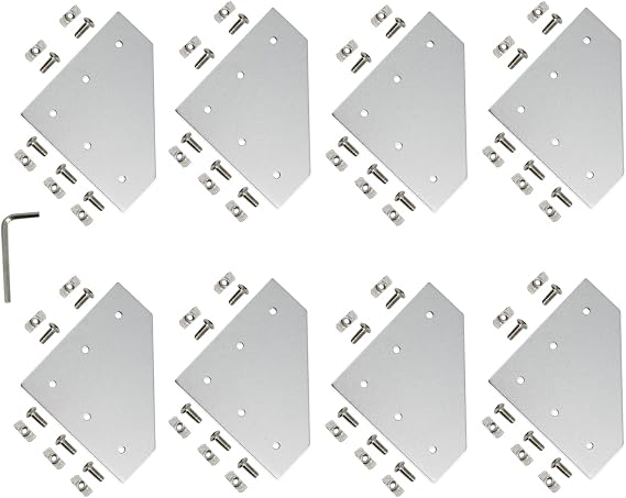 8 Pieces Silver L Shape Corner Bracket Plate with Screws and T-Nuts 5-Hole 90 Degree Joint Board Plate for 4040 Series Aluminium Profile 3D Printer Frame (4040 Series Silver-L with Nut)