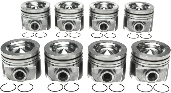 (8) +.020 over size Pistons with Coated Shirts & matching Rings set compatible with Ford 6.7L Diesel Powerstroke 2011-2016 in Standard 3.917 inch bore diameter.