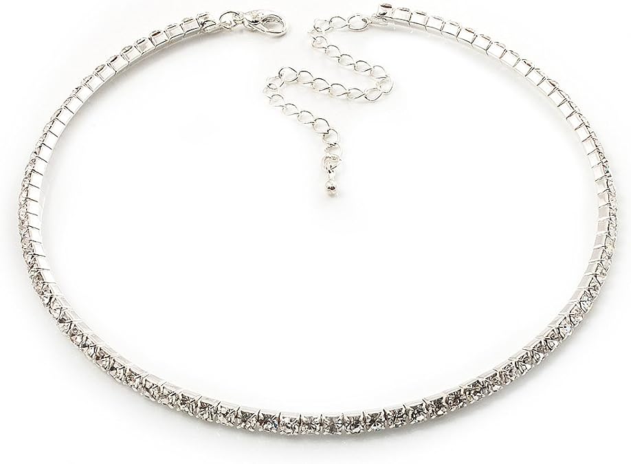 Avalaya Thin Clear Austrian Crystal Choker Necklace (Silver Plated)