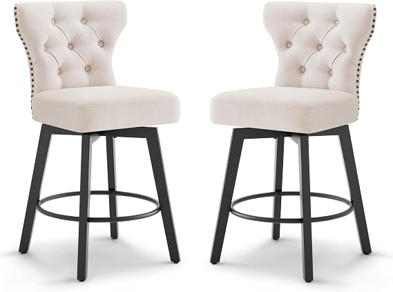 KISLOT Counter Height Barstools 26 inch Upholstered Button Tufted Swivel Bar Stools with Back for Kitchen Island,Set of 2,Beige Fabric