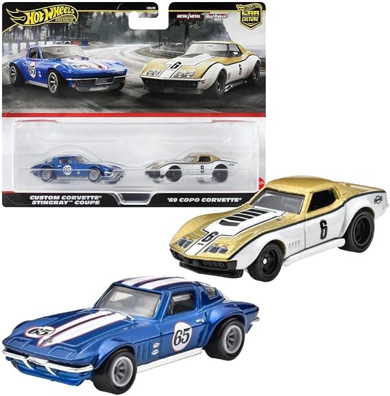 Mattel Hot Wheels HRR80 Premium 2 Pack '69 COPO Corvette/Custom Corvette Stingray Coupe Vehicle Toy Mini Car 3 Years Old Blue