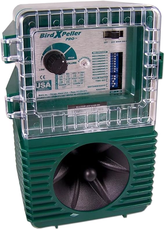 Bird-X BirdXPeller Pro Sonic Bird Chaser, 1 Acre, Pigeons Starlings Gulls | Natural Bird Distress Calls & Predator Cries, Pigeons, Starlings, Sparrows, Gulls, Programmable AC Operated 1 Acre Coverage