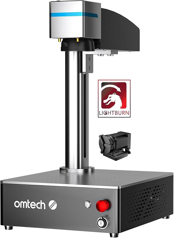 OMTech 30W Fiber Laser Marking Machine with Lightburn and Rotary Aix 0.01mm Precision | 5.9"x5.9" Area | LightBurn Compatible | Dual Red Dot Locator | 100,000+ Hours Lifespan |