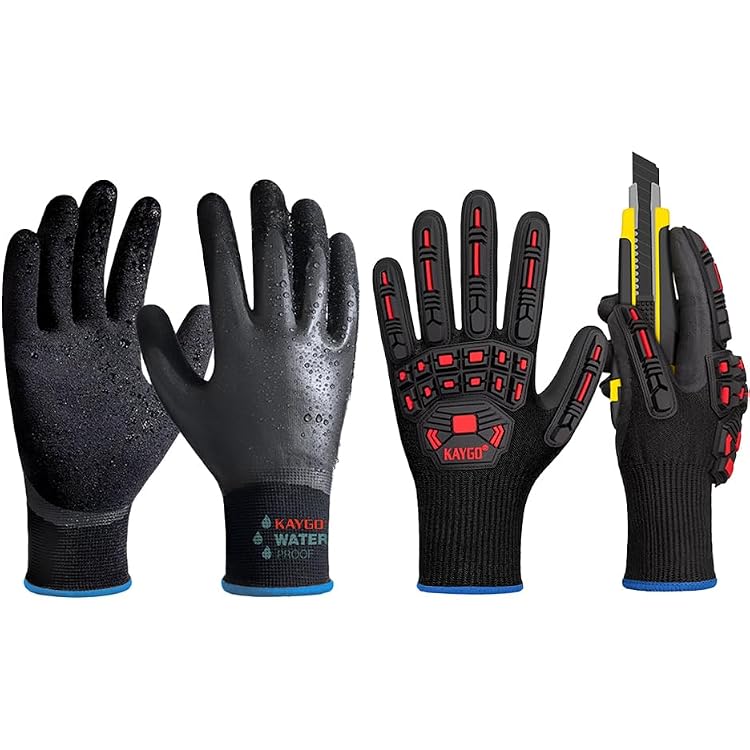 KAYGO Douple Dipped Latex Coated Waterproof Work Gloves and Impact Reducing Work Gloves Bundle for Men and Women, Ideal for Wet and Heavy-Duty Outdoor Works, M, Black
