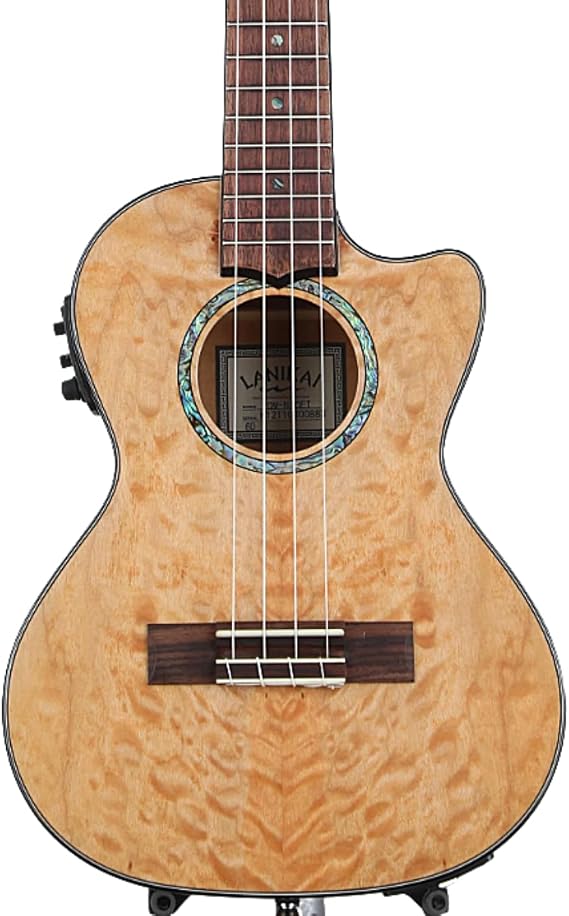 Lanikai QM-NACET 4 String Ukulele, Tenor Quilted Maple Ukulele with Cutaway and Fishman Kula Electronics, Natural Stain