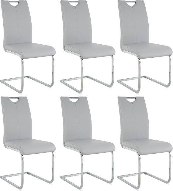 Modern Dining Chairs Set of 6,Faux Leather Side Dining Room Chairs,Modern Upholstered Kitchen Chairs with Faux Leather Padded Seat High Back,Chairs for Dining Room,Kitchen, Living Room,Grey&Silver