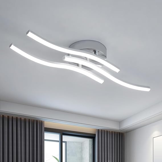 Dorlink Modern Led Ceiling Light, 3 Built-in Wave Led Boards Design Ceiling Lamps, 18W 6500k Cool White Chandelier,52cm Silver Ceiling Lighting for Living Room Bedroom Kitchen Hallway Office [Energy Class E]