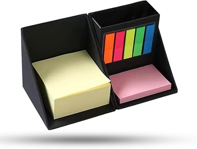 Sticky Notes Organizer Cube with Pen Holder, 3-in-1 Cardboard Memo Pad Set with 300 Yellow Notes, 50 Pink Pads & 125 Translucent Tabs, Portable Desk Organizer for Home, School, and Office Desk Black