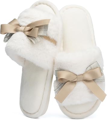 Cute Bow Slippers for Women with Memory Foam Open Toe Fuzzy House Slippers Indoor Outdoor Anti-Skid Soft Birthday Gifts for Women Mom