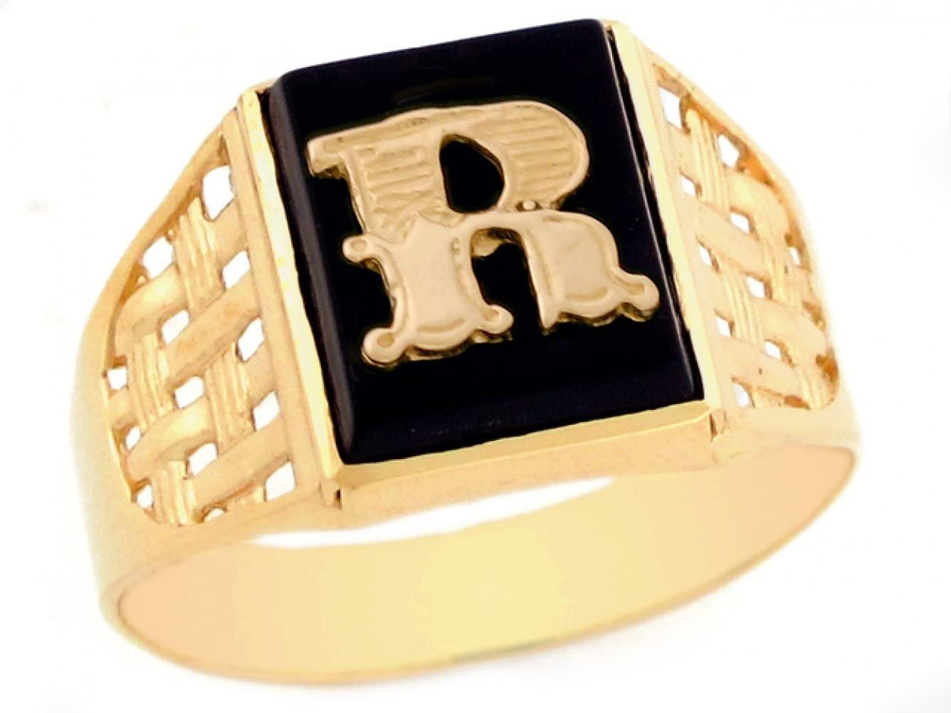 10k Yellow Gold Bold Black Onyx Mens Elegant Basket Weave Initial Letter R Ring