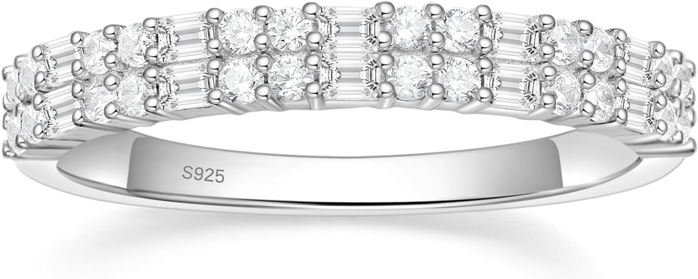 EAMTI Wedding Bands for Women Baguette Round Cubic Zirconia Stackable Promise Rings for Her Travel Ring Size 4-10