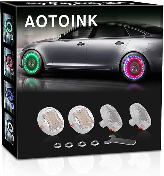Car Wheel Tire Lights, 4Pcs Solar LED Car Wheel Nozzle Air Valve Cap Light with Motion Sensors Flash Colorful RGB Warning Decorative Neon LED for Cars Motorcycles Bicycles
