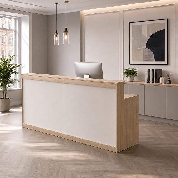 70.86"/180CM Reception Desk with Counter, Drawers, LED, Oak Brown