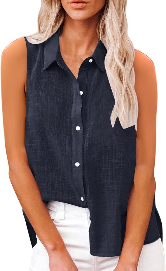 Linen Tops Women Solid Button Down Sleeveless Shirts Dressy Roll Up Tank Tops Summer Lapel Neck Elegant Vests Business Casual Office Work Loose Vests Casual Oversized Tank Tops S-XXL