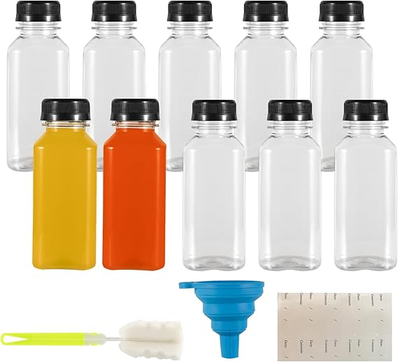 10 Pcs 8.45 oz/250ml Plastic Juice Bottles with Tamper Seal Lids, Empty Reusable Plastic Bottles, Milk, Water, Beverages Containers