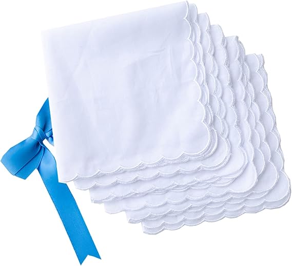 LACS Bulk Solid White Cotton Handkerchiefs Emboridery Scalloped Hankies for Wedding Party DIY Draw Gift