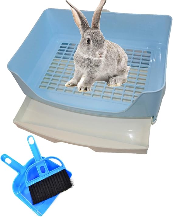 PINVNBY Large Rabbit Litter Box Bigger Pet Litter Pan Trainer with Drawer Corner Toilet Box for Adult Guinea Pigs Chinchilla Ferret Hedgehog Small Animals(Blue)