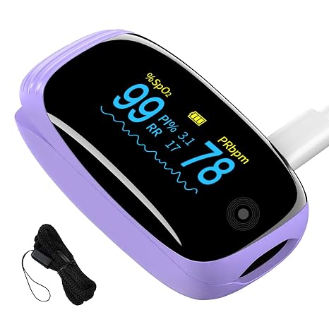 Pulse Oximeter with Respiration Rate, SpO2, PR & PI, Rechargeable Finger Oxygen Monitor - Fast, Accurate Reading for Sports & Aviation, Home