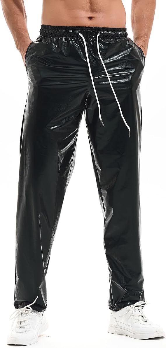 AMY COULEE Mens Metallic Shiny Pants Disco Rave Costume Sparkly Holographic Party Pants with Drawstring Pockets