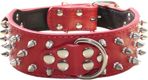 Spiked Leather Dog Collar Bullet Rivets Studded 2 Inch Width Stylish Leather Dog Collars for Medium & Large Dogs Pitbull(Red,XL)