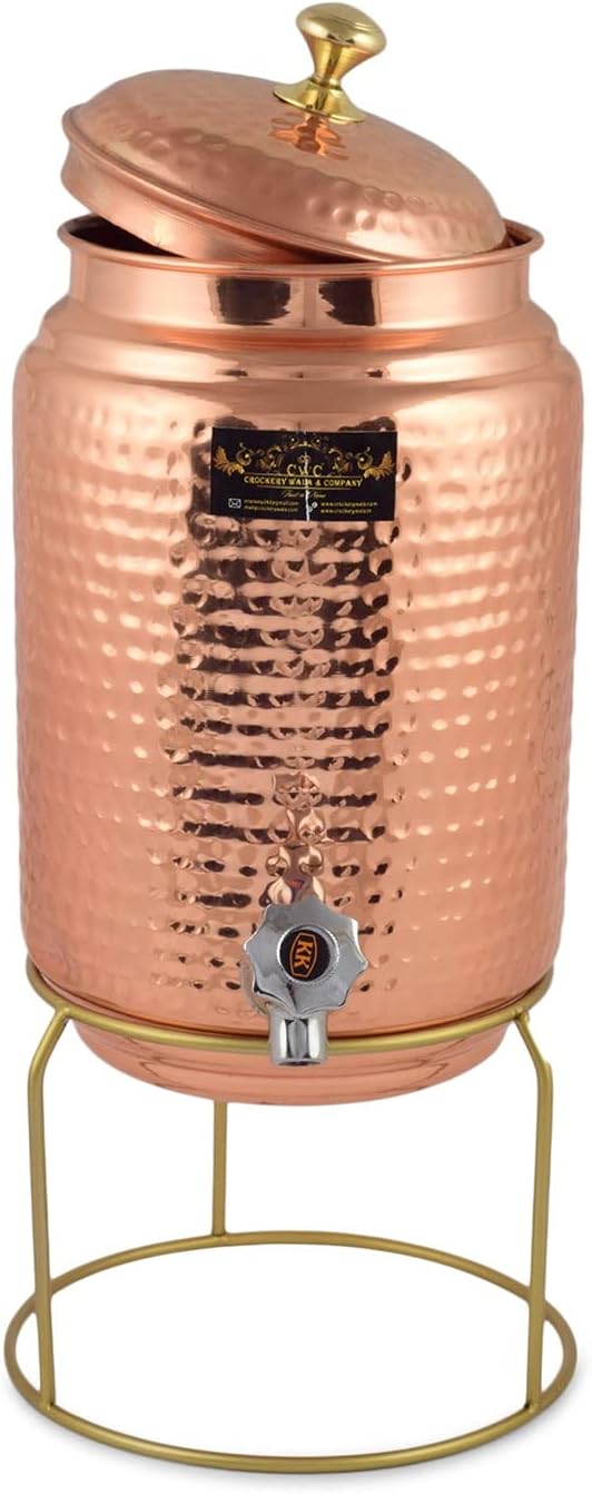 Golden Drops Pure Hammered Copper Water Dispenser With Tap & Stand Matka Water Jug Pot 5 Liter With 2 Copper Glasses