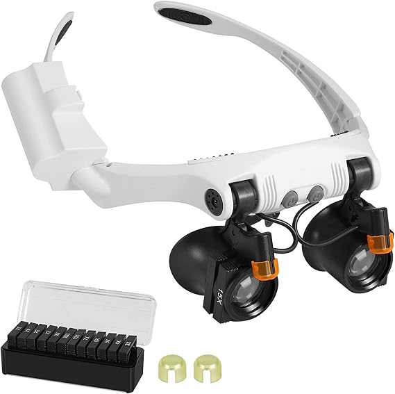 Head Mount Magnifier, Headband LED Illuminated Magnifier with Interchangeable Cold and Warm Lights, Magnifying Glass Lamp with 3X, 4X, 5X, 6X, 7X, 10X, 6 Detachable Lens, for Close Work, Jewelry