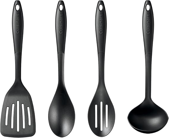 Cuisinart Nylon Kitchen Tool Set, 4-Piece Black Slotted Turner, Solid Spoon, Slotted Spoon & Ladle, Nonstick-Safe, Heat Resistant to 400F, Dishwasher Safe