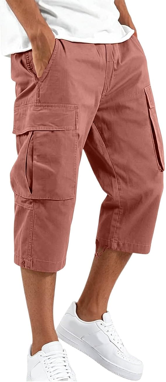 Mens Cargo Pants Relaxed Fit with Pockets Wide Leg Baggy Stretchy Plus Size Capri Summer Outdoor Hiking Travel Pants