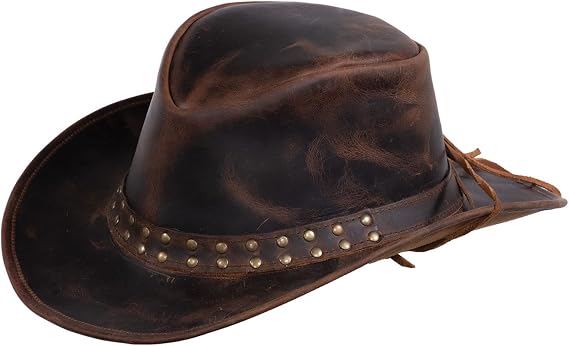 Outback Trading Unisex Adult's Hemlock Leather Durable Brown Cowboy Hat with Chin Cord, Wire Brim & Double Studded Hatband