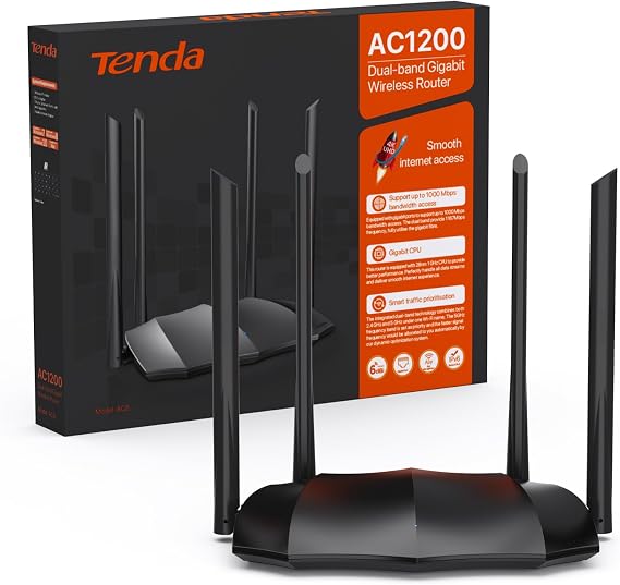 Tenda AC8 Dualband Gigabit WLAN Router 1200Mbps (867Mbps 5GHz + 300Mbps 2.4GHz 4 Gigabit PortsMu-MIMO4x6dBi External Antennas App Control IPV6) black