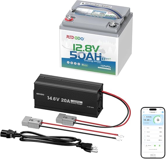 Redodo 12V 50Ah Trolling Motor Lithium Battery with 12V 20A Charger | Bluetooth, 50A BMS, Max. 15000 Cycles, Low-Temp Protection, Perfect for RV, Solar, Boat Marine, Camping
