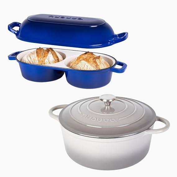 nuovva Cast Iron Enamelled Casserole Dish & Double Bread Loaf Pan Bundle Dutch Oven Cookware with Lids for Baking, Roasting & Everyday Cooking