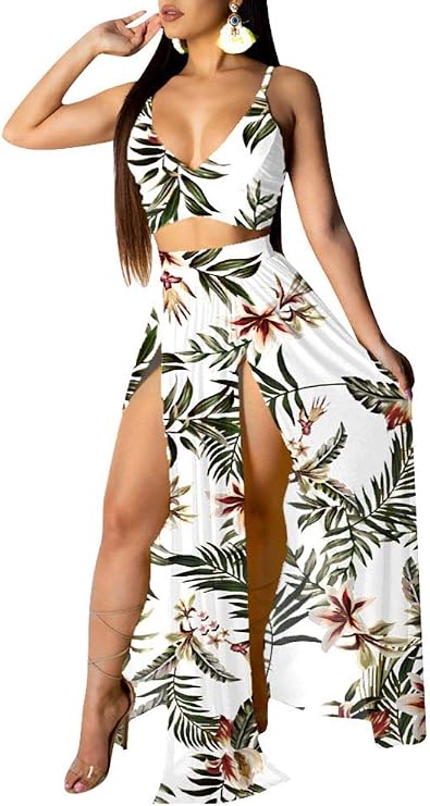 Womens Sexy 2 Piece Maxi Dress Spaghetti Strap Crop Top and Split Skirt Beach Sets Y-White
