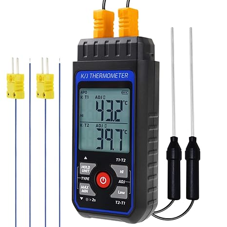Thermocouple Thermometer with 4 K-Type Thermocouples, Digital Dual-Channel K/J Type HVAC Temperature Meter, Temperature Range from -328 to 2501F, Temperature Meter with Alarm and ADJ Compensation