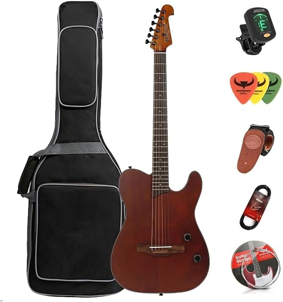 Silent Travel Guitar Acoustic Electric Guitars,Thin Body Steel String Guitarra,Protable Guitar Acustica for Beginner Adults Journey Practice With Gig Bag,Strap,Strings,Cable,Picks (Brown)