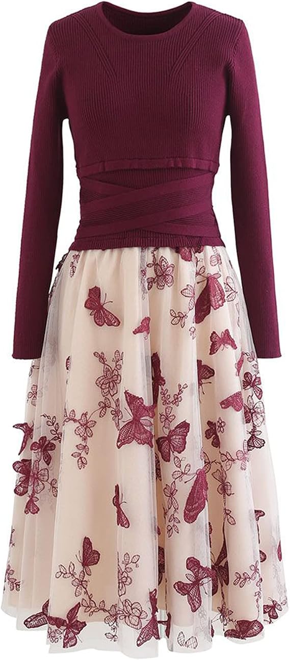 CHICWISH Women's Red 3D Butterfly Mesh Spliced Knit Midi Dress