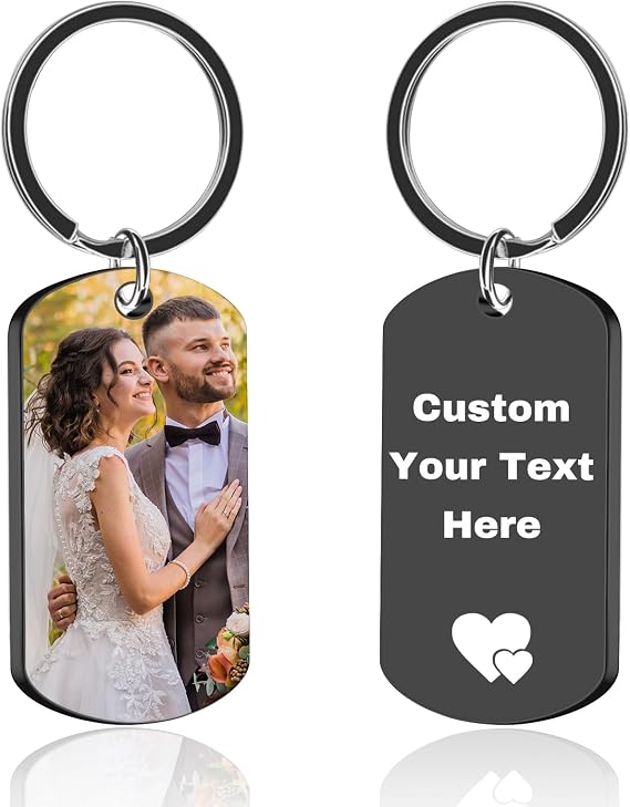Custom Keychains with Picture Personalized Engraved Keychain Dog Tag with Photo&Text Stainless Steel Ring Keychain