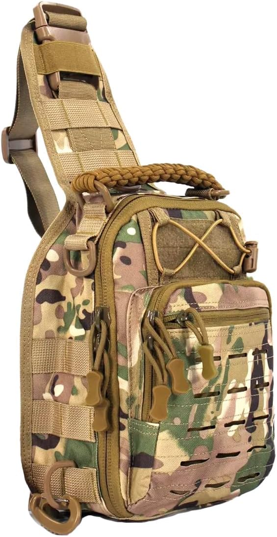 BraveHawk OUTDOORS Tactical Sling Bag, 11 Compartments & Paracord Carry-On 900D Nylon Waterproof MOLLE Military Backpack Compact Crossbody Bag for Camping Travel Hiking