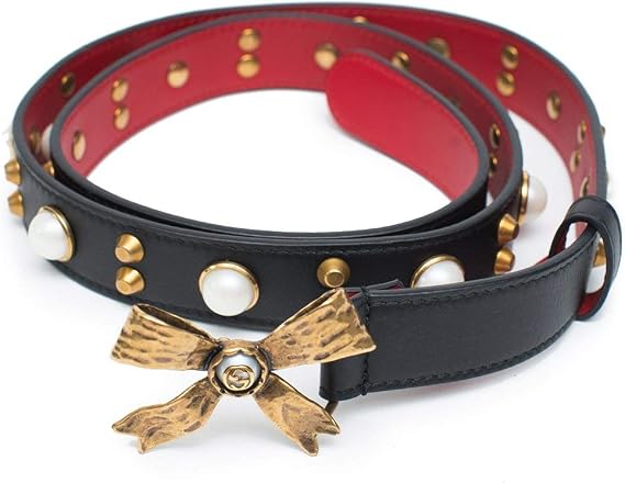 Gucci Studded leather belt metal bow hibiscus red black Belt Moon Pearl Italy New
