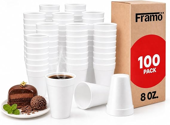 Framo 8 Oz Foam Cups 100 Pack, Insulated Disposable Hot Coffee Cups