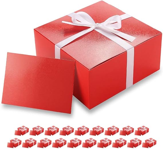 PACKHOME 20 Red Gift Boxes 8x8x4 Inches, Christmas Gift Boxes, Paper Gift Boxes with Lids for Gifts, Crafting, Cupcake Boxes, with Greeting Cards and Satin Ribbons Glossy with Grass Texture