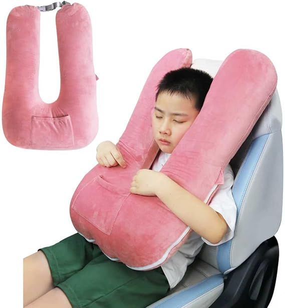 Travel Pillow for Kids & Adults, Car Pillow for Back Seat, Sleeping Support Cushion for Long Road Trips, Toddler Carseat Pillow with Removable & Washable Cover, Pink