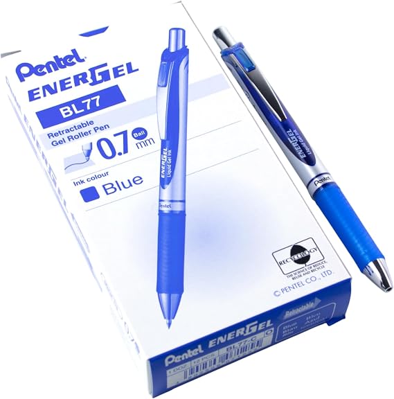 Pentel EnerGelTM Retractable Liquid Gel Pens, Medium Point, 0.7 mm, Silver Barrel, Blue Ink, Pack Of 12