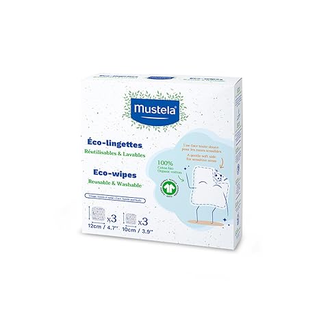Mustela Reusable & Washable Baby Eco-Wipes - 100% Organic GOTS Certified Cotton Pads for Quick Cleanups or Makeup Removal - 6 counts (3 Large & 3 Small)